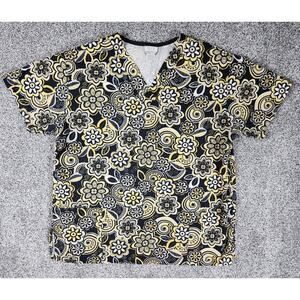 Floral Scrub Top Workwear Short Sleeve Shirt Womens Size Medium Black & Yellow